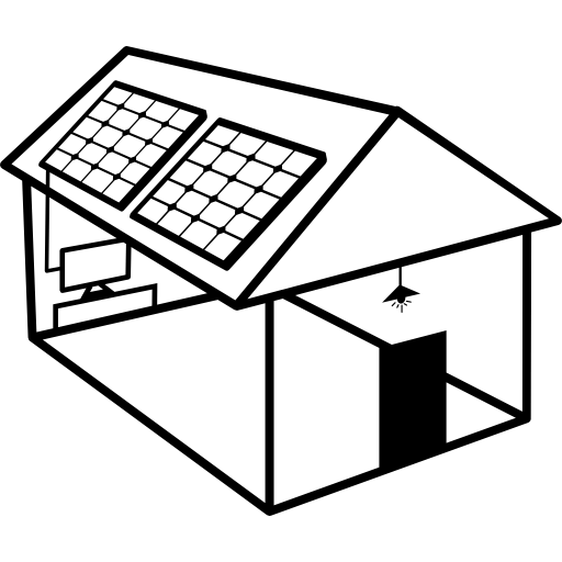 Solar powered house building with solar panels on the roof icon