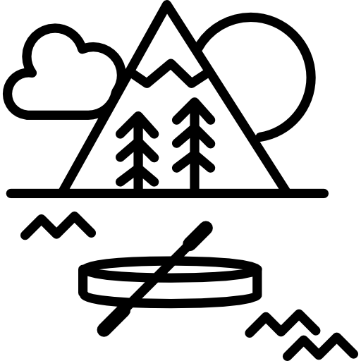 Vacations on natural place with a boat in a river, mountain and forest icon