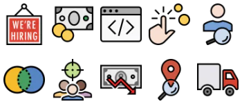 SEO-маркетинг, финансирование бизнеса набор иконок